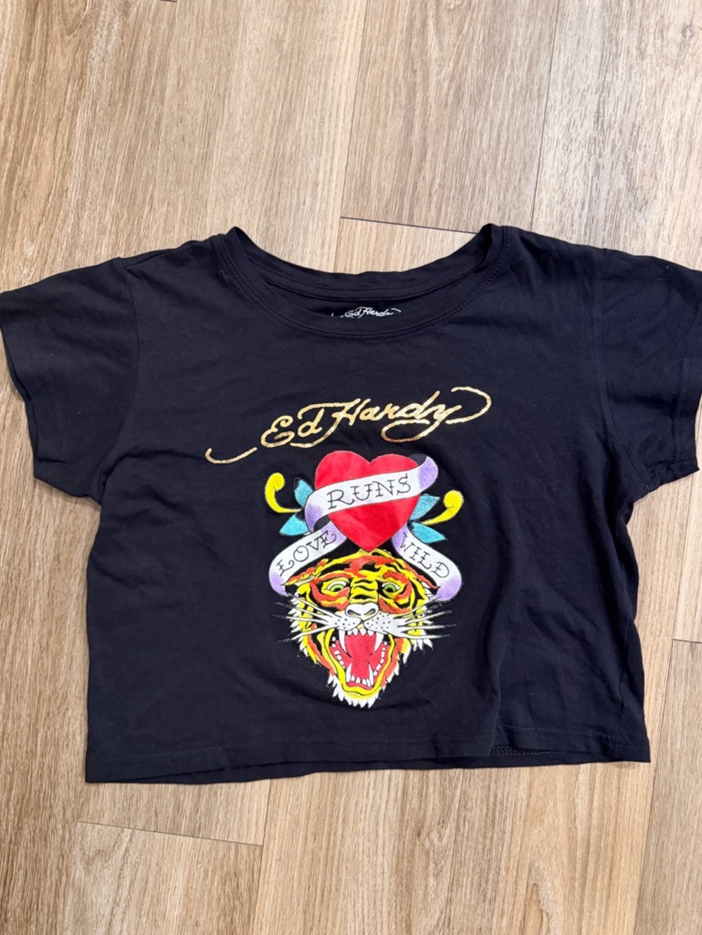 Ed Hardy Black Tee with Colorful Tiger & Heart Motif